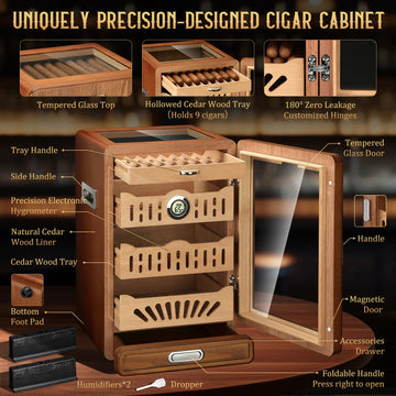 150 Cigar Desktop Humidor Cabinet with 4 Spanish Cedar Wood Shelves, 2 Humidifiers, Hygrometer and Drawer