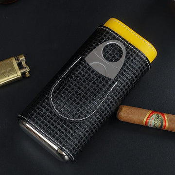 Exquisite Portable 3 Cigar Travel Humidor with Integrated Stainless Steel Cutter