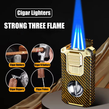 5-in-1 Torch Lighter with V-Cutter, Punch, Holder, and Draw Enhancer Tool, Triple Windproof Flame