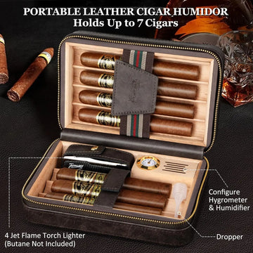 Luxury Leather Cigar Travel Set: Humidor and 4 Jet Torch Lighter w bullet and cradle -USA warehouse