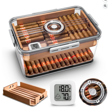 Cigar Humidor/Tupperdor upto 100 Cigars, 3 Sizes, Built-in Cedar Wood Shelf with Hygrometer Transparent Cigar Storage Box