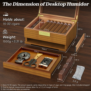 Cigar Box Humidor with Hygrometer and Humidifier, Cedar Wooden Case with Drawer, Divider, Length Gauge