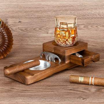 Wooden Cigar Coaster - Whiskey Glass Tray - Ashtray - Cigar Cutter & Accessory Drawer.