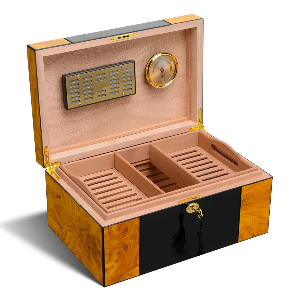 Large Capacity 150 Cigar Desktop Humidor, Multi-Layer Cedar Trays, Humidifier, Hygrometer