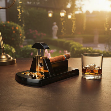 Luxury Desktop Guillotine Cigar Cutter with Stainless Steel Knife Blade and safety lock.