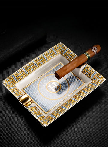 Elegant 2-Slot Ceramic Cigar Ashtray with Gold Leafing