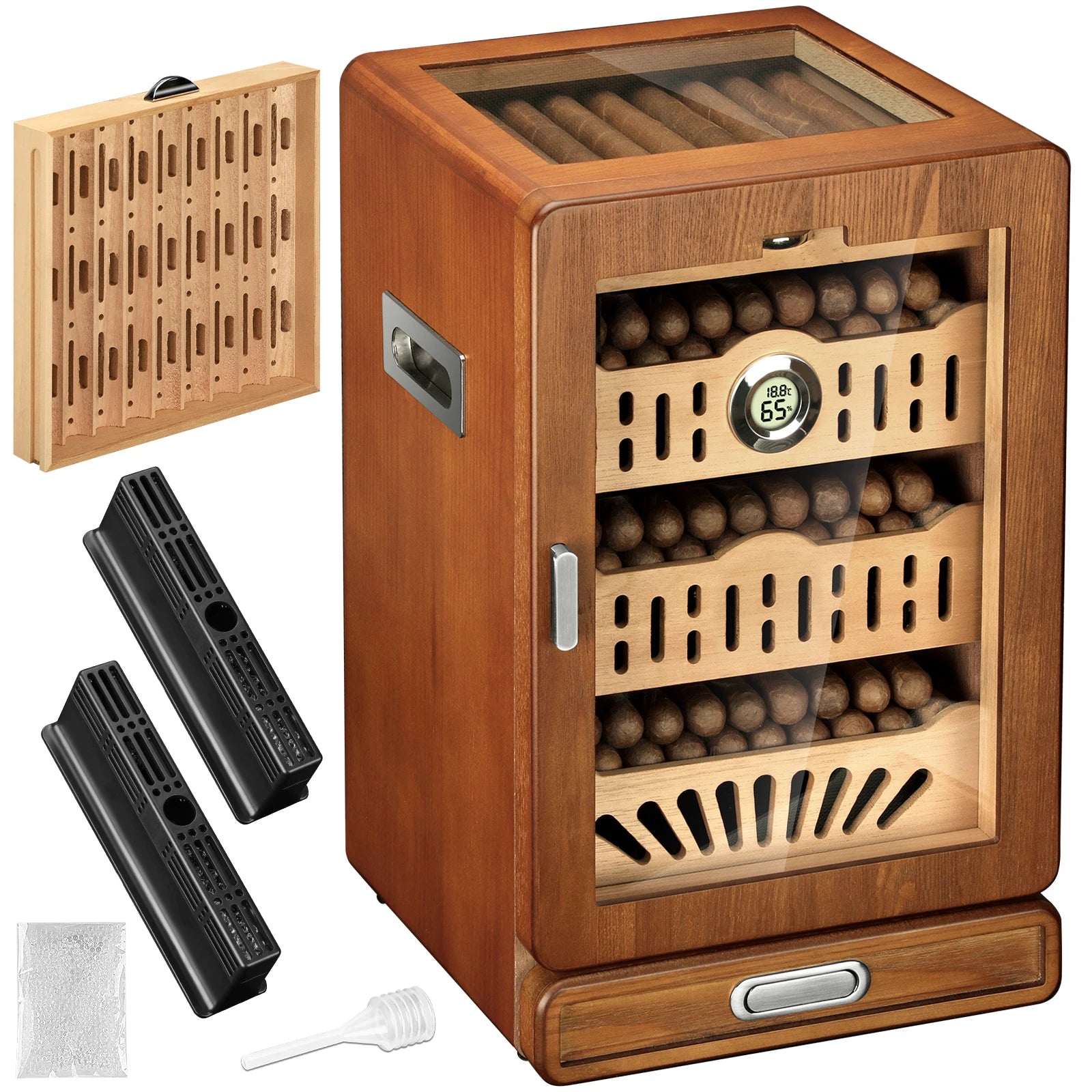150 Cigar Desktop Humidor Cabinet with 4 Spanish Cedar Wood Shelves, 2 Humidifiers, Hygrometer and Drawer