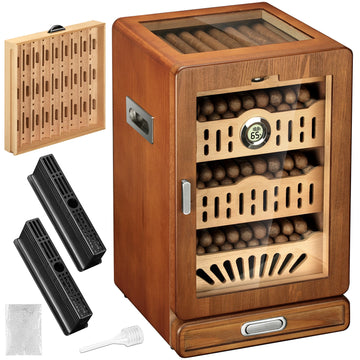 150 Cigar Desktop Humidor Cabinet with 4 Spanish Cedar Wood Shelves, 2 Humidifiers, Hygrometer and Drawer