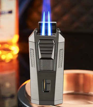 Executive Torch Lighter - All in one Windproof Double Torch Cigar Lighter, bullet, dredge, cradle.