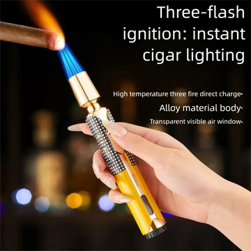 Premium 3 Torch Cigar Gold & Black Cube-Pattern Lighter - Windproof Visible Vent Torch