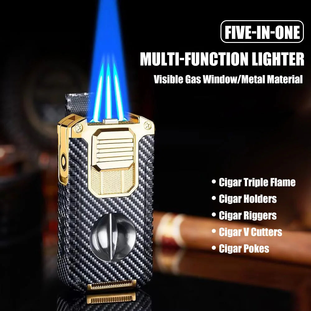 5-in-1 Torch Lighter with V-Cutter, Punch, Holder, and Draw Enhancer Tool, Triple Windproof Flame