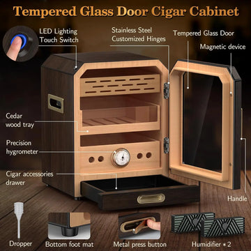 Illuminated Large Desktop Cigar Humidor - 100-150 capacity - 3 layers - 2 humidifiers - Accessory Drawer and more.