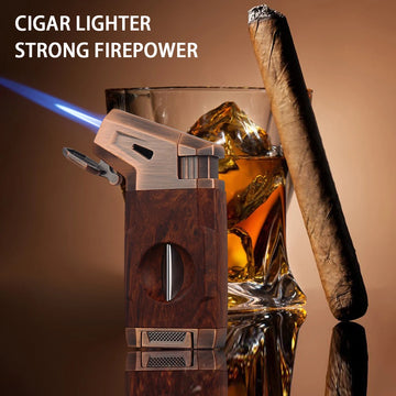 Premium Wood Grain Torch Lighter with Built-in V-Cutter