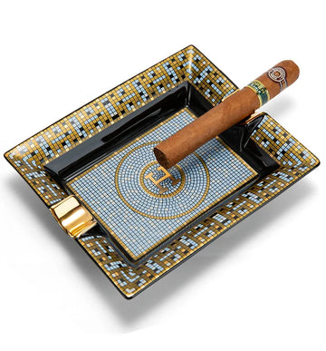 Elegant 2-Slot Ceramic Cigar Ashtray with Gold Leafing