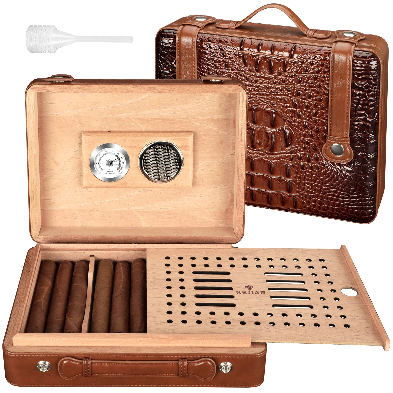 Crocodile-Print Leather Travel Humidor Cedar-Lined Case for Fresh Cigars all included