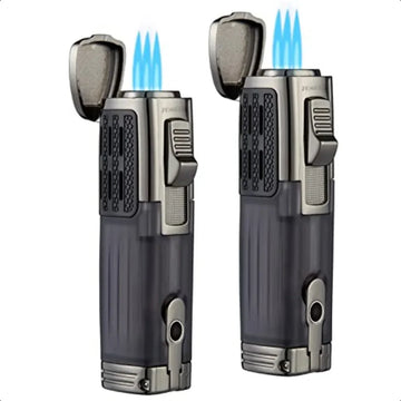 Premium Triple Cigar Torch Lighter with Transparent Fuel Tank (2-Pack) & cigar punch.