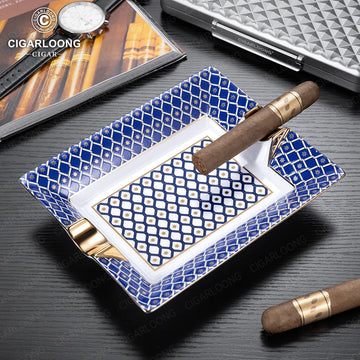 remium Ceramic Cigar Ashtray with Elegant Gold Detailing and Double-Cradle Design for Two Cigars