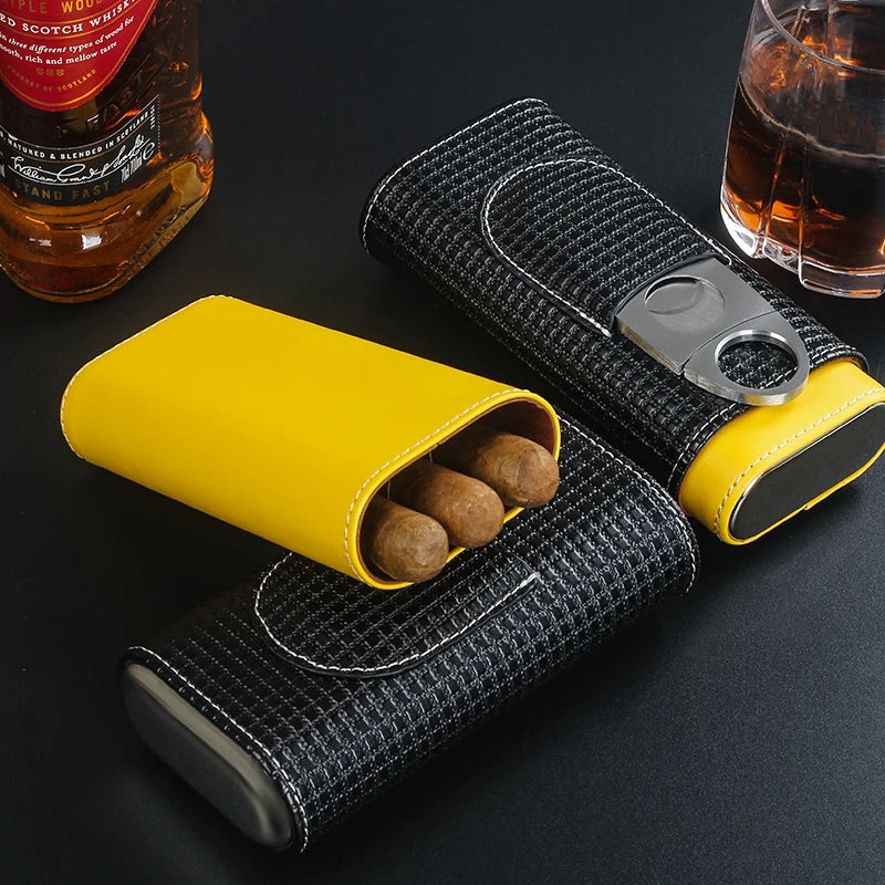 Exquisite Portable 3 Cigar Travel Humidor with Integrated Stainless Steel Cutter