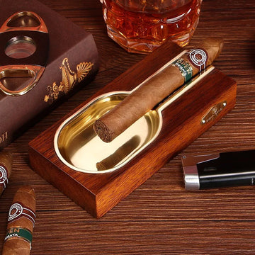 Elegant Ebony Wood & Stainless Steel Single Cigar Ashtray