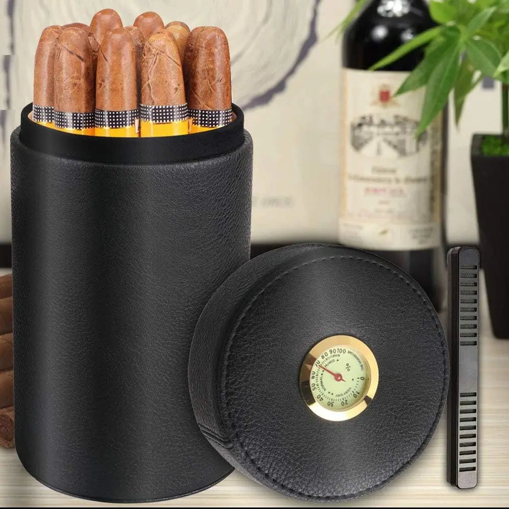 Cigar humidor case/jar, Leather Cedar Wood Cigar Canister Portable for 12-16 Cigar