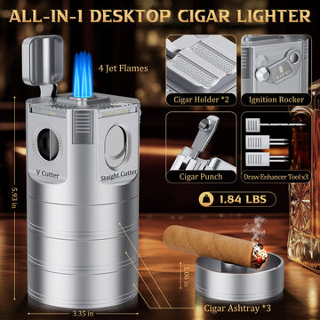 8-in-1 Desktop Cigar 4 Jet Flame Butane Torch Lighter w Straight - V-Cut - Punch, 3 Ashtrays, 3 Draw  Tools, 2 Stands