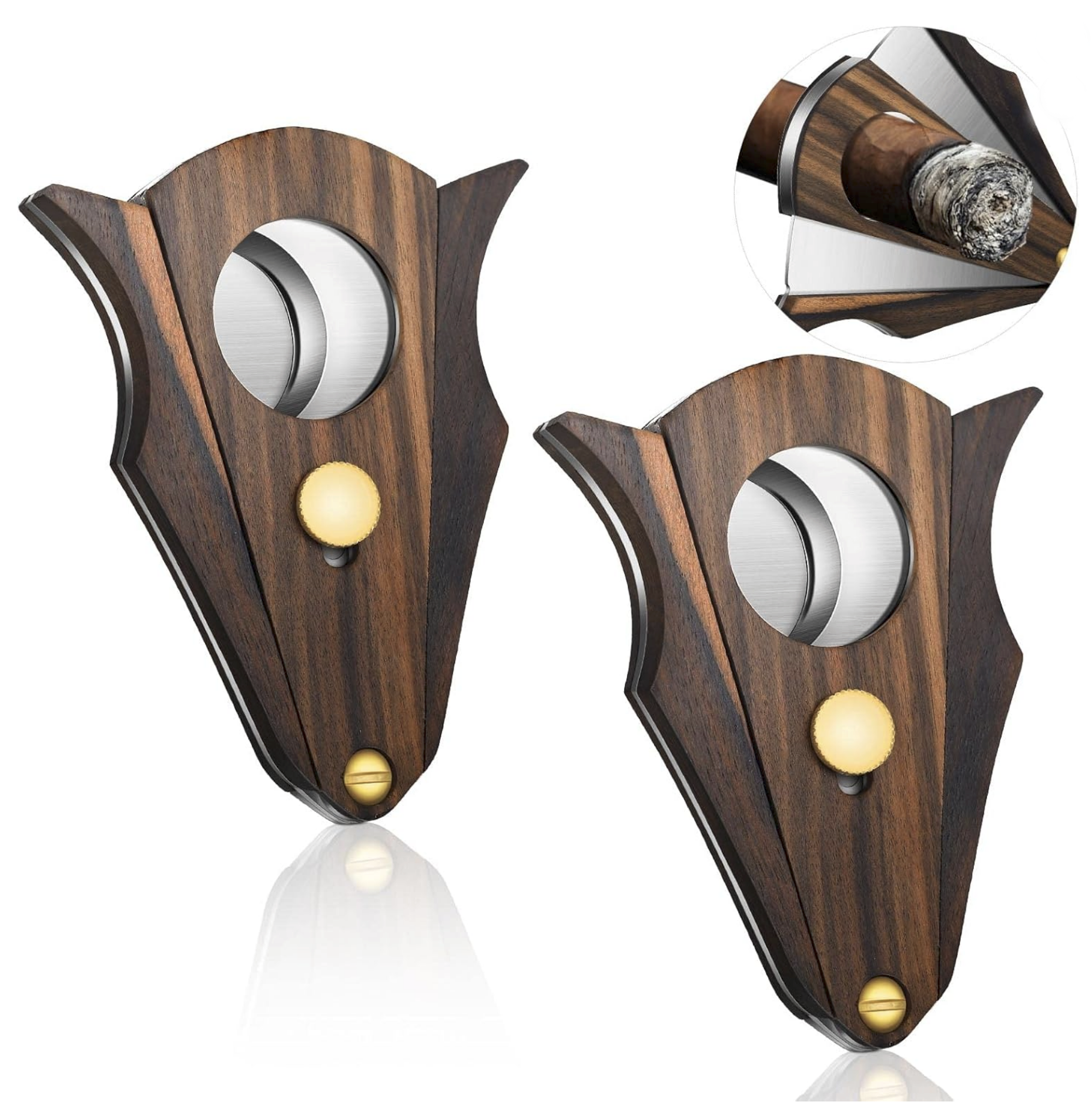 Double Guillotine Wood Cigar Cutter made with stainless steel and blade lock.