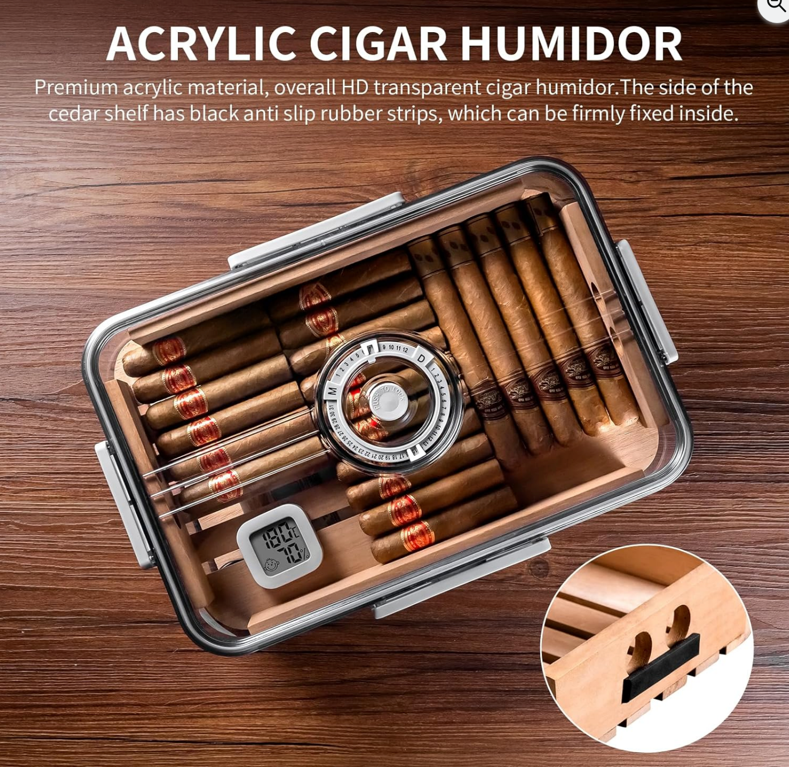 Cigar Humidor/Tupperdor upto 100 Cigars, 3 Sizes, Built-in Cedar Wood Shelf with Hygrometer Transparent Cigar Storage Box