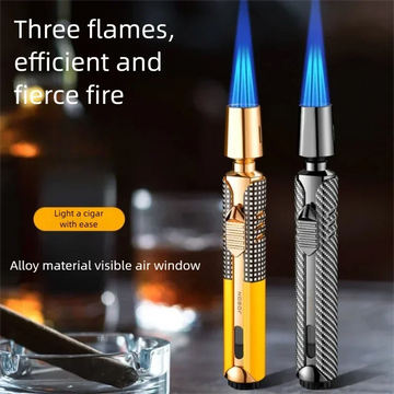 Premium 3 Torch Cigar Gold & Black Cube-Pattern Lighter - Windproof Visible Vent Torch