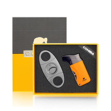 COHIBA Single Jet Cigar Lighter and Cutter Combo - w/2 Cigar Punches, Windproof and Gift Box