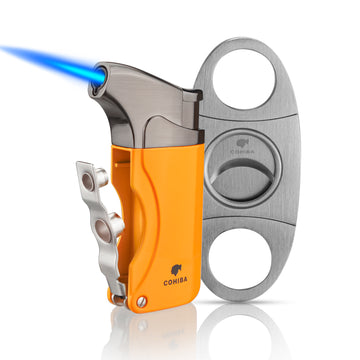 COHIBA Single Jet Cigar Lighter and Cutter Combo - w/2 Cigar Punches, Windproof and Gift Box