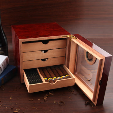 Glossy Cigar Cedar Humidor W/ Humidifier Hygrometer 100 cigar Black or Red