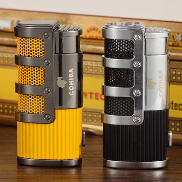 COHIBA Cigar Lighter - 3 Torch Jet Flame Refillable Windproof Lighter W/ Cutter Punch & Gift Box