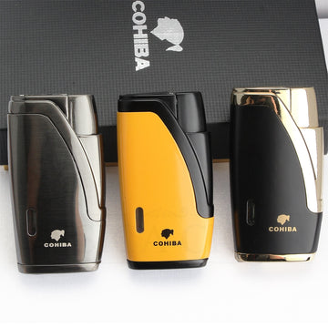 COHIBA CIGAR LIGHTER - 2 TORCH JET FLAME REFILLABLE WINDPROOF LIGHTER W/ CUTTER PUNCH & GIFT BOX