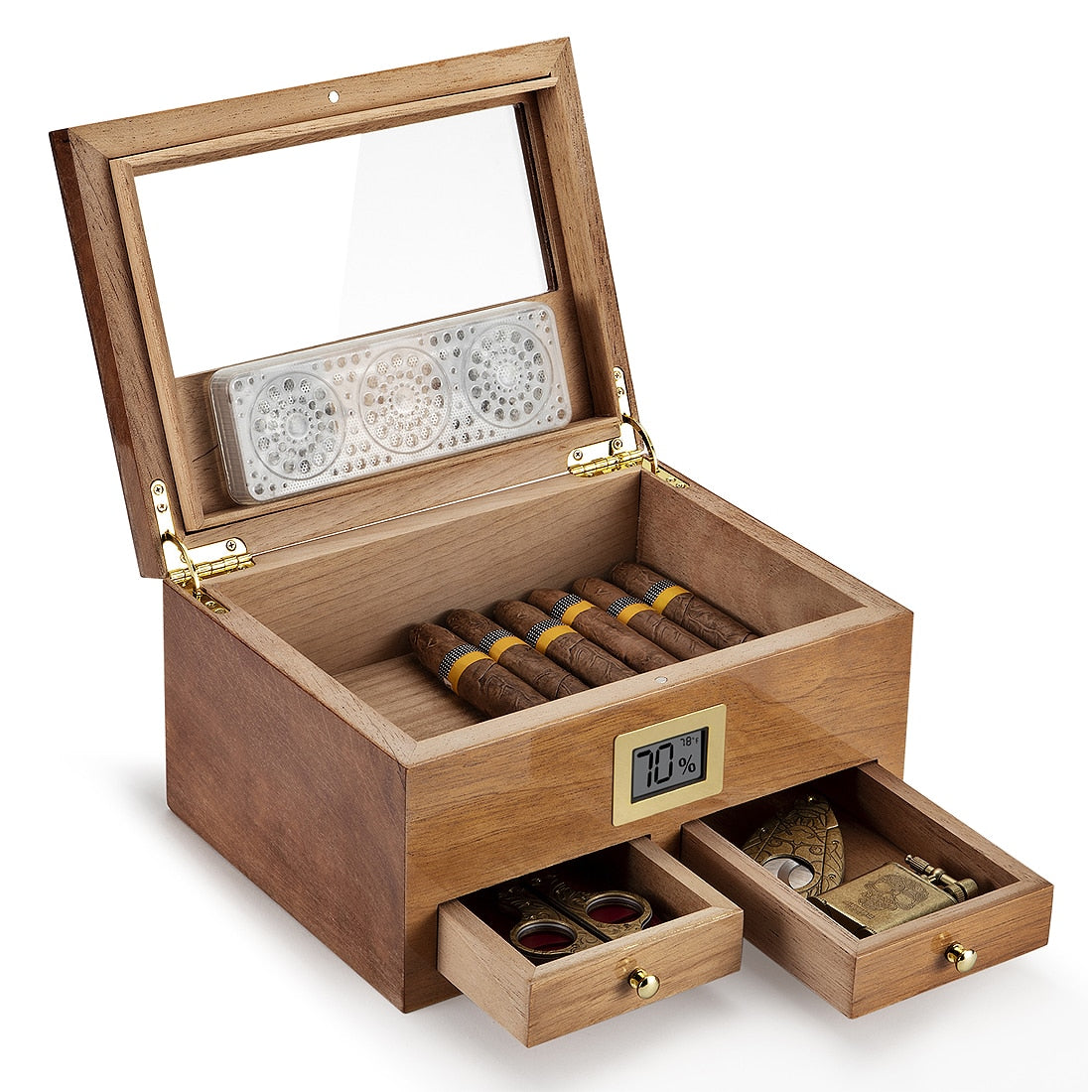 Amazing Glass Top Handcrafted Cedar Humidor with Front Digital Hygrometer, Humidifier and Accessory Drawer - Holds (25-50 Cigars)