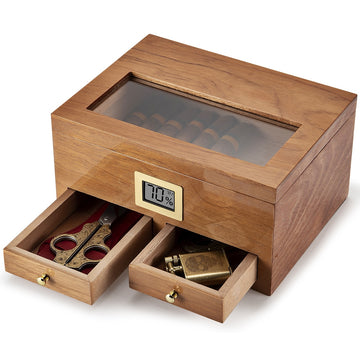 Amazing Glass Top Handcrafted Cedar Humidor with Front Digital Hygrometer, Humidifier and Accessory Drawer - Holds (25-50 Cigars)