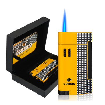 COHIBA CIGAR LIGHTER - 1 TORCH JET FLAME REFILLABLE WINDPROOF LIGHTER W/ CUTTER PUNCH & GIFT BOX