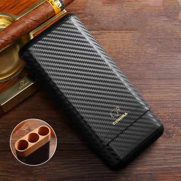 COHIBA Carbon Fiber or Leather - 3 Tube Spanish Cedar Wood Cigar Travel Case with Gift box and Dust bag.