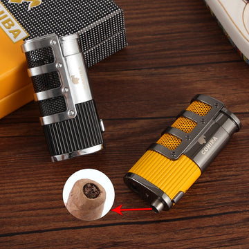 COHIBA Cigar Lighter - 3 Torch Jet Flame Refillable Windproof Lighter W/ Cutter Punch & Gift Box