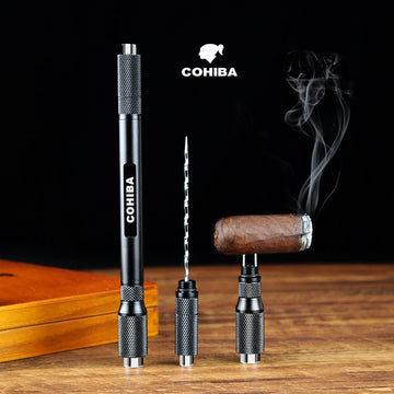 COHIBA Metal Cigar Draw Enhancer Tool, Dredge Drilled Cigar Hole Punch Cutter - 2 sizes - Cigar Needles & Gift Box