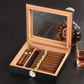 Desktop Cigar Humidor Case Glass Top Cigar Storage Box, Cherry Finish with Hygrometer and Humidifier Holds 25 Cigars