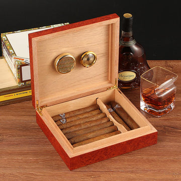 Desktop Cigar Humidor Case Glass Top Cigar Storage Box, Cherry Finish with Hygrometer and Humidifier Holds 25 Cigars